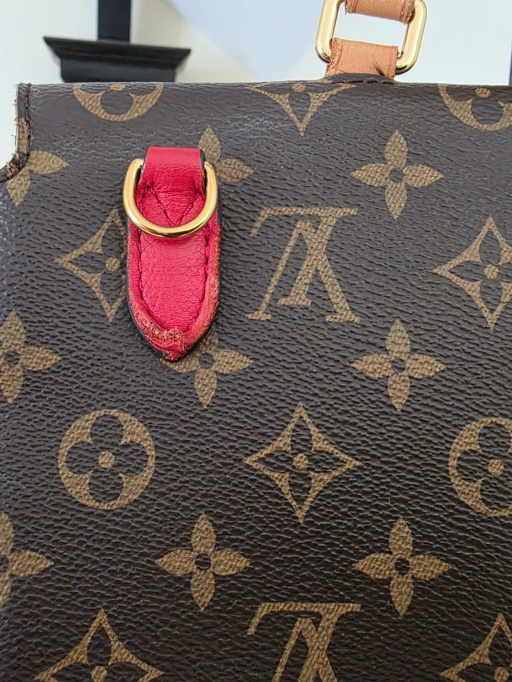 Louis Vuitton Monogram Satchel with Red Front Pocket and Tan Handles